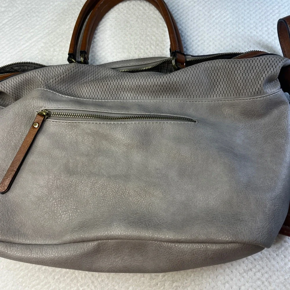 Antik Kraft Grey Studded Satchel‎ Crossbody Brown Trim Perforated Vegan Leather